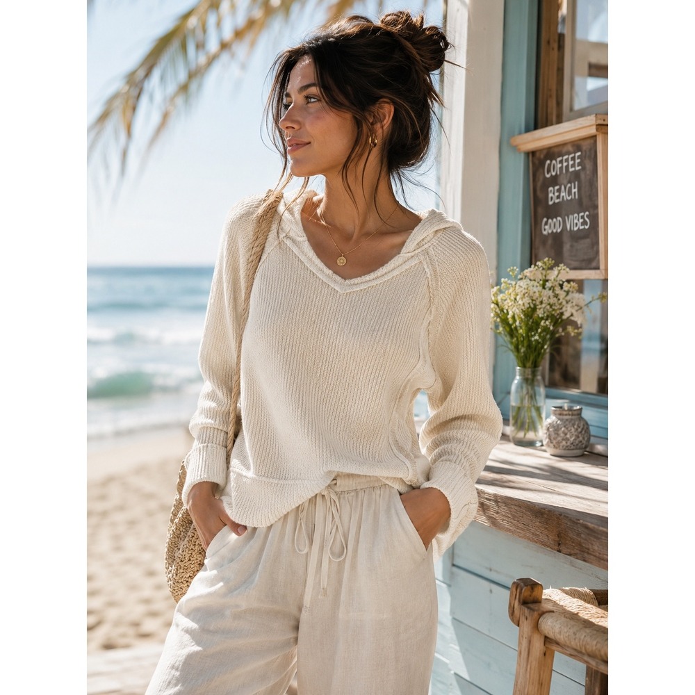 BKE Hooded Sweater Womens Small Cream Waffle Knit V-Neck Exposed Seam Hood